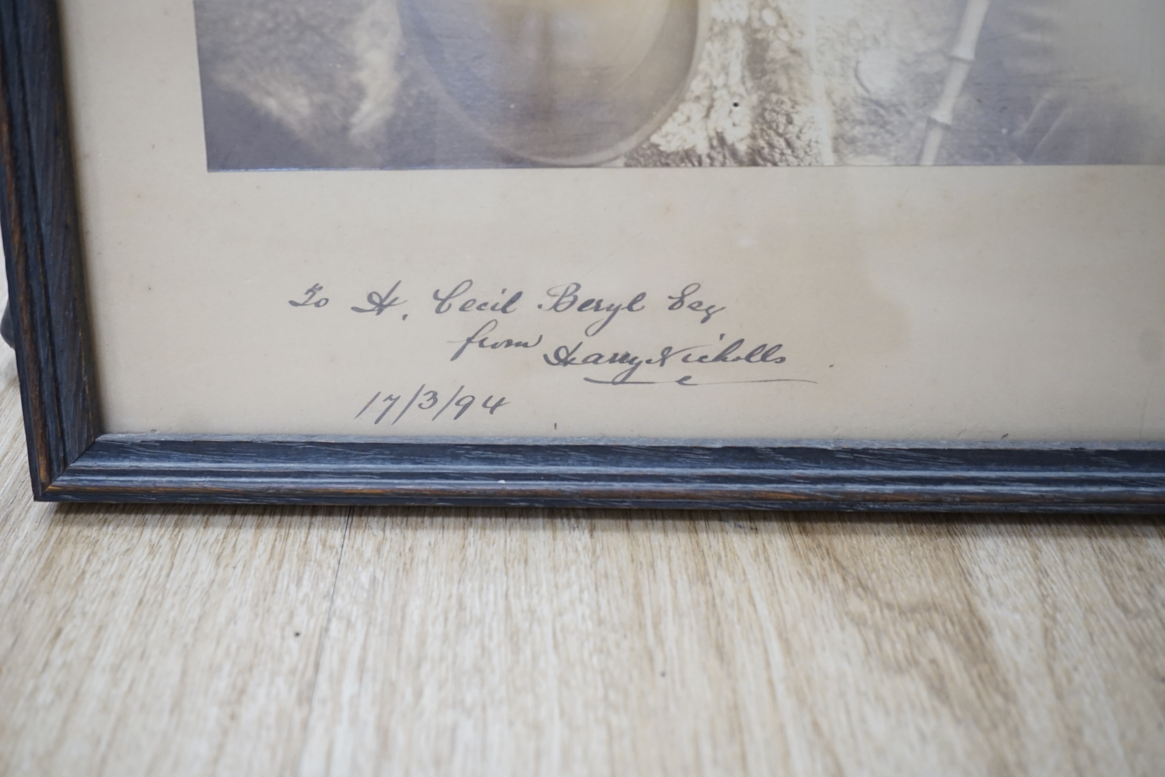 Kasoly of Nottingham, black and white photograph, Portrait of the actor Harry Nicholls (1852-1926), with presentation inscription to Cecil Beryl Esq. from Harry Nicholls, dated 1894, 35 x 28.5cm